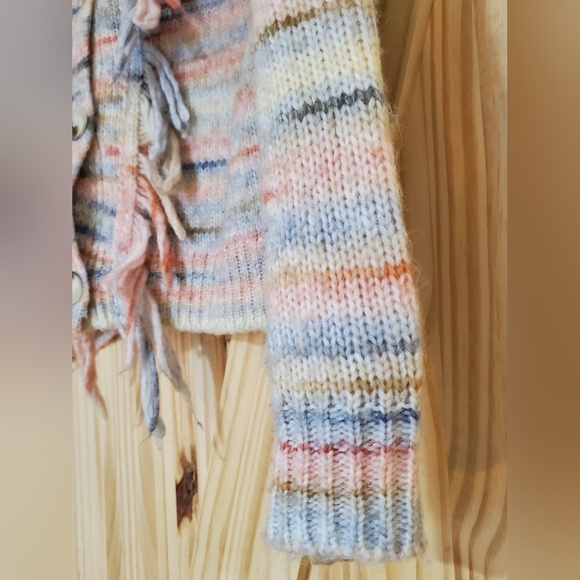 Dreamers By Debut Size L Multi Colour Fringe Button Up V-Neck Knit Sweater - Picture 5 of 10